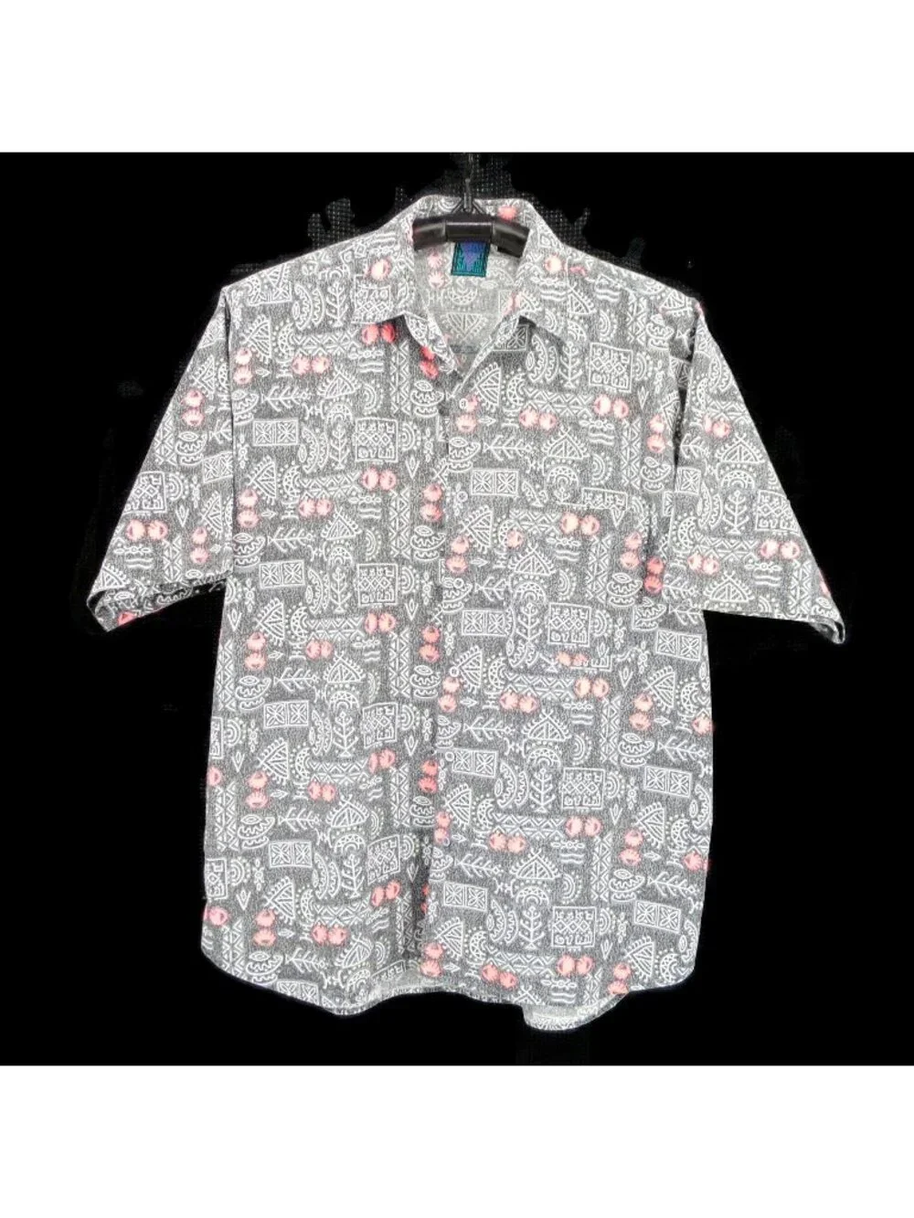 Vintage 80s Mens Shah Safari Gray Pink Hieroglyphs Button Shirt Size XL Abstract - Picture 1 of 11